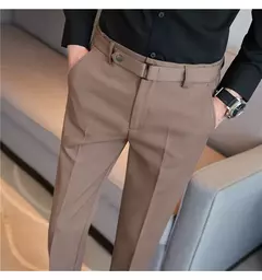 Calça formal masculina estilo britânico, monocromática, fina, casual, de negócios, escritório, social, calça de tornozelo, streetwear, alta qualidade