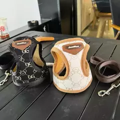Preto cáqui cão arnês colete e trela conjunto de luxo pet cinta andando coleira chumbo colete para filhote de cachorro animal schnauzer chihuahua - loja online