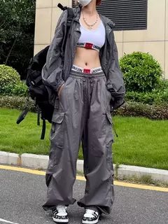 Y2k pára-quedas calças pretas mulheres hippie streetwear bolsos grandes calças de carga harajuku perna larga baggy sweatpants