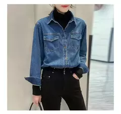 Camisa jeans azul retrô feminina, camisa de manga comprida, jaqueta jeans de peito único, camisas monocromáticas, novo design, outono, 2024