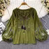 Blusa Bordada Manga Lanterna Longa com Decote V para Mulheres, Moda Casual, Camisas Vintage, Tops Femininos Minoritários, Drop Shipping, Outono