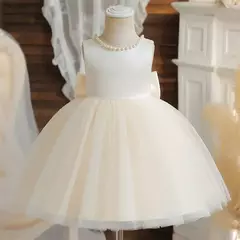Vestido de tule sem costas para bebé com laço grande e pérolas, 1 ° vestido de aniversário, princesa infantil, vestido baptizado, 1 a 5 anos - loja online