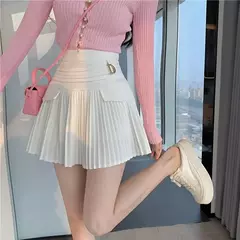 Minissaia plissada de cintura alta feminina, estilo coreano, branca, casual, fina, Universidade, Metal, letra D, verão - Wolf Magazine