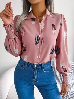 Mulheres Casual Pena Imprimir Collar Manga Longa Camisa Branco Rosa Azul - comprar online