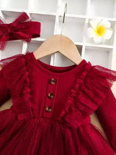 Imagem do Vestido de malha com babados e lenço para bebê, manga pequena voadora, manga comprida, romântica, primavera e outono, 2 peças