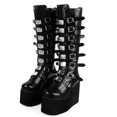 Imagem do Marca de design feminino cunhas salto alto coxa botas altas moda preto plataforma botas femininas 2022 gótico cosplay sapatos mulher mujer