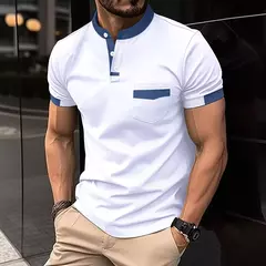 Camisa polo esportiva casual masculina, monocromática, com gola alta, tecido diagonal, camisa de Henry, verão, 2024 - Wolf Magazine