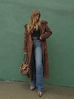 Outono retro camurça marrom escuro rendas até casaco feminino casual simples elegante casacos longos 2025 nova moda feminina streetwear - loja online