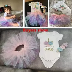 Imagem do Vestido Tutu Unicórnio das meninas do bebê, 1st Birthday Party Clothes Sets, Meninas recém-nascidas Imprimir Romper, Saias de tule, Headband Outfit, 12M