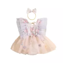 Baby Girls' Princess Mesh Sheer Romper, Summer Kids Party Clothes, Borboleta, Bordado de flores, Vestido de manga voadora, Headband