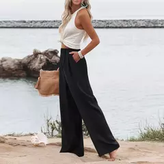 Imagem do Calça larga de linho de algodão feminina, comprimento total, casual, monocromática, solta, cintura alta, reto, botão, verão