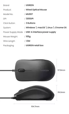 Imagem do UGREEN-USB Mouse com fio com design ergonômico, 1200 DPI, 3 botões para laptops e PCs