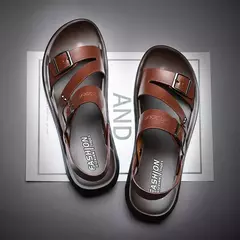 Imagem do Moda Confortável Sandálias Masculinas Cor Sólida Open Toe Mens Sandálias De Couro 2023 Novos Chinelos De Praia para Calçado De Couro Masculino