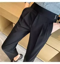 Estilo britânico dos homens de cintura alta vestido casual calça masculina cinto design calças finas formal escritório social vestido de festa de casamento terno calças