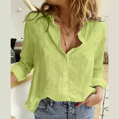 Camisa de linho, manga comprida, monocromática, elegante, casual, solta, camisa de escritório, primavera, verão, 2024 na internet