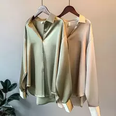 Blusa feminina de manga comprida de cetim vintage, camisa sedosa, blusa de escritório de trabalho, camisa casual feminina, outono - Wolf Magazine