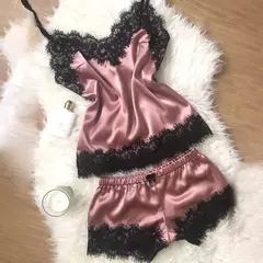 Imagem do Mulheres guarnição de renda cetim cami top e conjuntos de pijama, erótico Home Wear, pijamas femininos, alça sem mangas, pijamas sexy moda