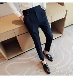 Imagem do Calça formal de botão de cintura alta estilo britânico masculina, terno casual empresarial, calça de escritório, monocromática, alta qualidade, nova, primavera