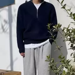 Imagem do Pulôver de zíper com gola meia alta masculino, suéter de malha, jaqueta solta, roupa que combina com tudo, nova moda, primavera, outono, 2023