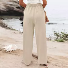 Calça larga de linho de algodão feminina, comprimento total, casual, monocromática, solta, cintura alta, reto, botão, verão