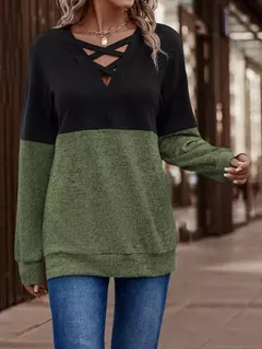 Camisas femininas coloridas com decote v, camiseta de manga comprida, tops casuais da moda, pulôver primavera e outono na internet