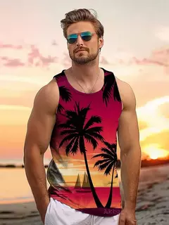 Tops soltos estilo havaiano masculino, colete de férias lazer, viagem ao ar livre, confortável, casual, estampa do sol na internet