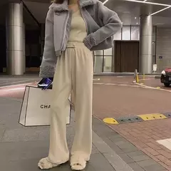 Calças de sino soltas de cintura alta com forro felpudo feminino, calça casual, esportes quentes espessados, calças de perna reta, outono, inverno - Wolf Magazine