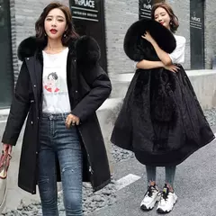 Parka longa e acolchoada feminina com forro de lã, jaqueta com capuz, gola de pele, quente, grossa, neve, roupas grandes, inverno na internet