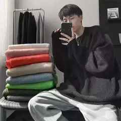 Pulôver de gola redonda de cor sólida masculino, suéter de malha casual, maca - loja online