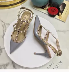 Imagem do Salto alto clássico em couro genuíno para mulheres, sandálias rebite, bombas pontiagudas, preto, fino, festa, casamento, verão, moda, 2024