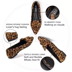 Sapatos baixos com estampa leopardo para mulheres, nó borboleta, dedo apontado, salto baixo, mocassins casuais, calçado de caminhada