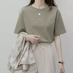 Camiseta com gola redonda feminina, solta, estamparia vegetal, manga curta, blusa casual para estudantes, cor sólida, estilo coreano, verão - comprar online