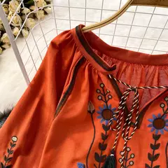 Blusa Bordada Manga Lanterna Longa com Decote V para Mulheres, Moda Casual, Camisas Vintage, Tops Femininos Minoritários, Drop Shipping, Outono - comprar online