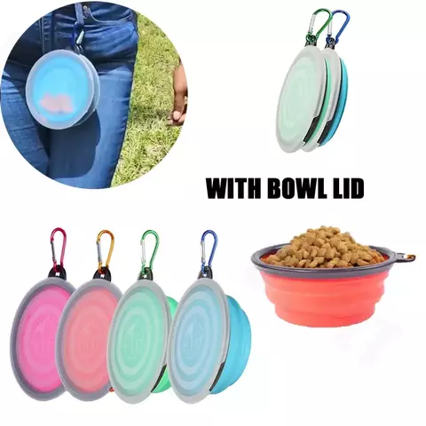 Bacia de água dobrável para comida de cachorro de silicone com lábios de tigela para animais de estimação viagens ao ar livre, portátil com ganchos para suprimentos para animais de estimação, tigela de alimentação