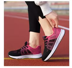 Imagem do Sapatilhas femininas com cordões em malha respirável, sapatos casuais, sapatos de caminhada, tênis plano, rosa, preto, branco