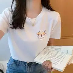 Camiseta de meia manga solta branca de manga curta, blusa Harajuku BF, estudante versátil, feminina, verão, tendência