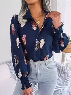 Mulheres Casual Pena Imprimir Collar Manga Longa Camisa Branco Rosa Azul - loja online