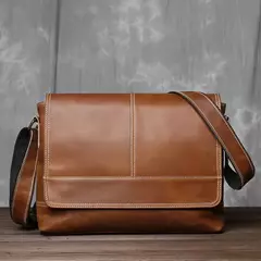Mochila masculina de couro genuíno de um ombro, maluca couro cavalo, estilo horizontal, grande capacidade, bolsa mensageiro casual