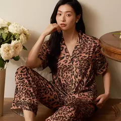 Ice Silk Satin Pijama Set, calças de manga curta, chique para casa, alta qualidade, padrão leopardo, luxo, verão, outono, 2 pcs, 2022 - comprar online