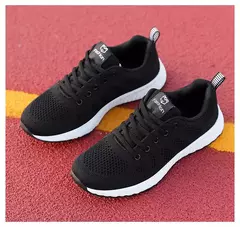 Imagem do Sapatilhas femininas com cordões em malha respirável, sapatos casuais, sapatos de caminhada, tênis plano, rosa, preto, branco