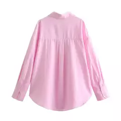 TRAF-Blusa Oxford de Algodão Single-Breasted Feminina, Camisa Manga Longa, Tops Chiques, Lapela, Roupa de Rua, Senhoras, Moda