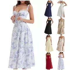 Vestido de verão estampado floral, Laço frontal feminino, Gola quadrada, Vestido de coxa dividido, Cinta de praia, Vestido de noite, Novo na internet