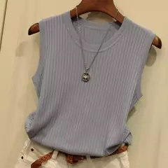 Imagem do Tops finos sem mangas com o pescoço em O feminino, coletes de malha, blusa casual, camisa verão, nova moda, 2024