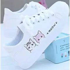Tênis feminino com cordões, sapatos casuais, sapatos de PU estampados, gato fo na internet