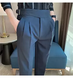 Estilo britânico dos homens de cintura alta vestido casual calça masculina cinto design calças finas formal escritório social vestido de festa de casamento terno calças