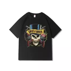 Camiseta estampada com armas de rock e rosas masculina, algodão puro, gola redonda, manga curta, parte superior - comprar online