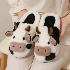 Chinelos de pelúcia quente de vaca unisex dos desenhos animados, Mula interna antiderrapante de casal, Sapatos de algodão, Toe Wrap, Novo, Inverno - loja online