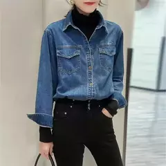 Camisa jeans azul retrô feminina, camisa de manga comprida, jaqueta jeans de peito único, camisas monocromáticas, novo design, outono, 2024 - comprar online