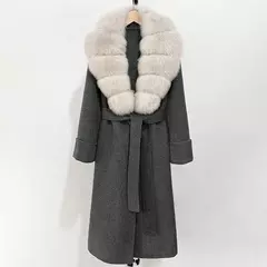 Elegante casaco de lã feminino novo outono lã mistura casaco feminino quente gola de pele de raposa real inverno dupla face jaqueta de lã de caxemira