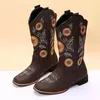 Mulher flor bordado sapatos deslizamento-on botas de equitação senhora salto quadrado meados de bezerro bota feminina inverno fino sapato de pelúcia zapatos de mujer